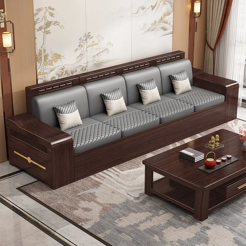 KKNew chinoiserie purple sandalwood living room winter and summer dual-purpose log anti-scratch cat scratch leather sofa
