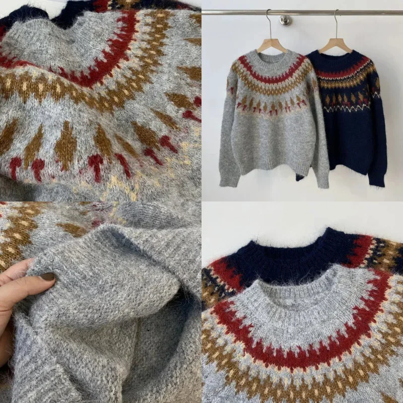 3D Korean Knit Sweater Female Autumn Winter Y2K Korean Contrasting Cotton Loose And Lazy Round Neck Long Sleeve Pullover Top New