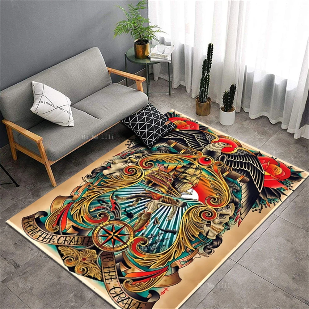 

Old School Tattoo Mermaids Sailboats Hideous Skull Punkcool Design Flannel Carpet By Ho Me Lili For Floor Doormat Decor