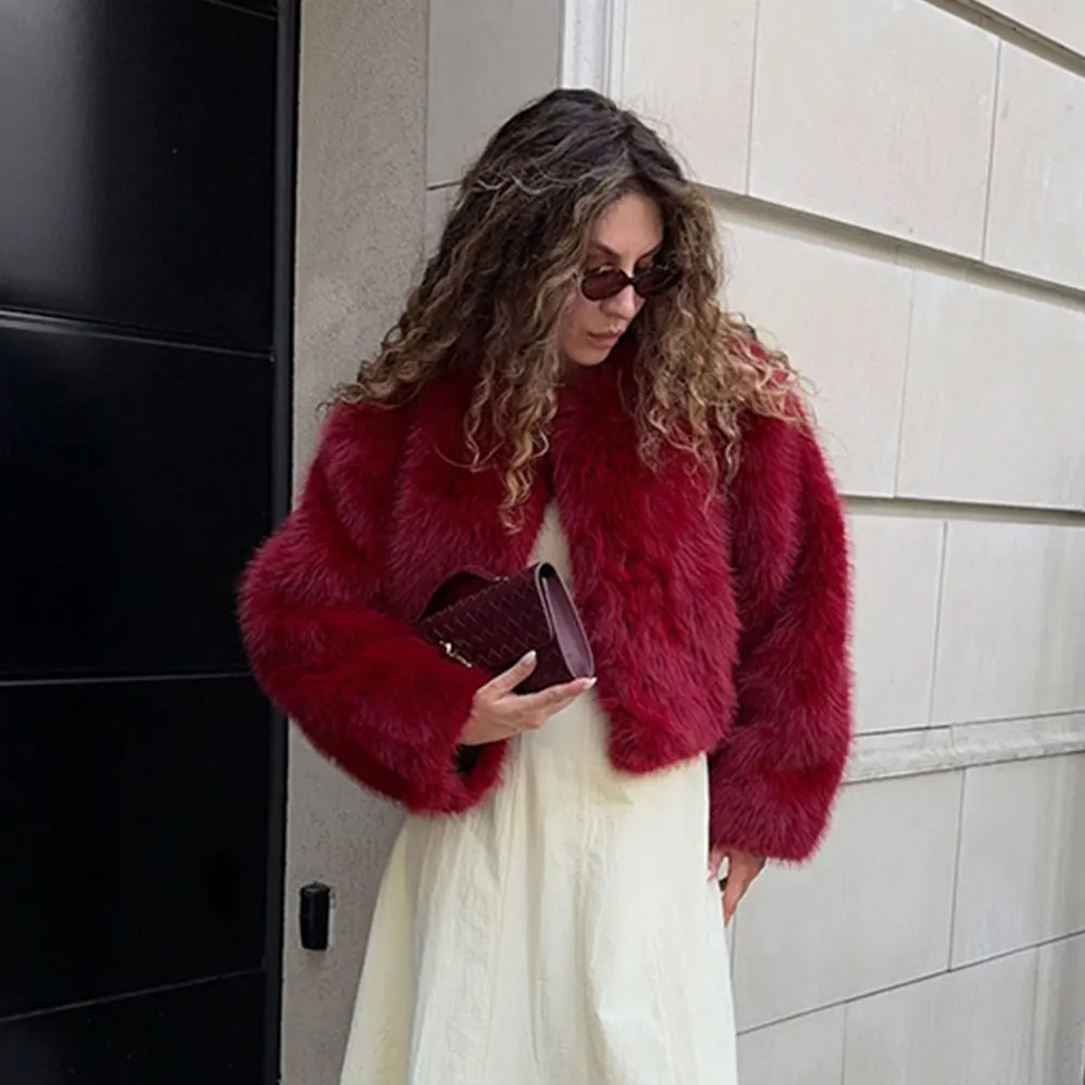 2025 겨울 여성 레드 인조 모피 재킷 시크한 소녀 패션 스트리트웨어 두꺼운 따뜻한 라운드 넥 폭스 퍼 코트 아우터웨어