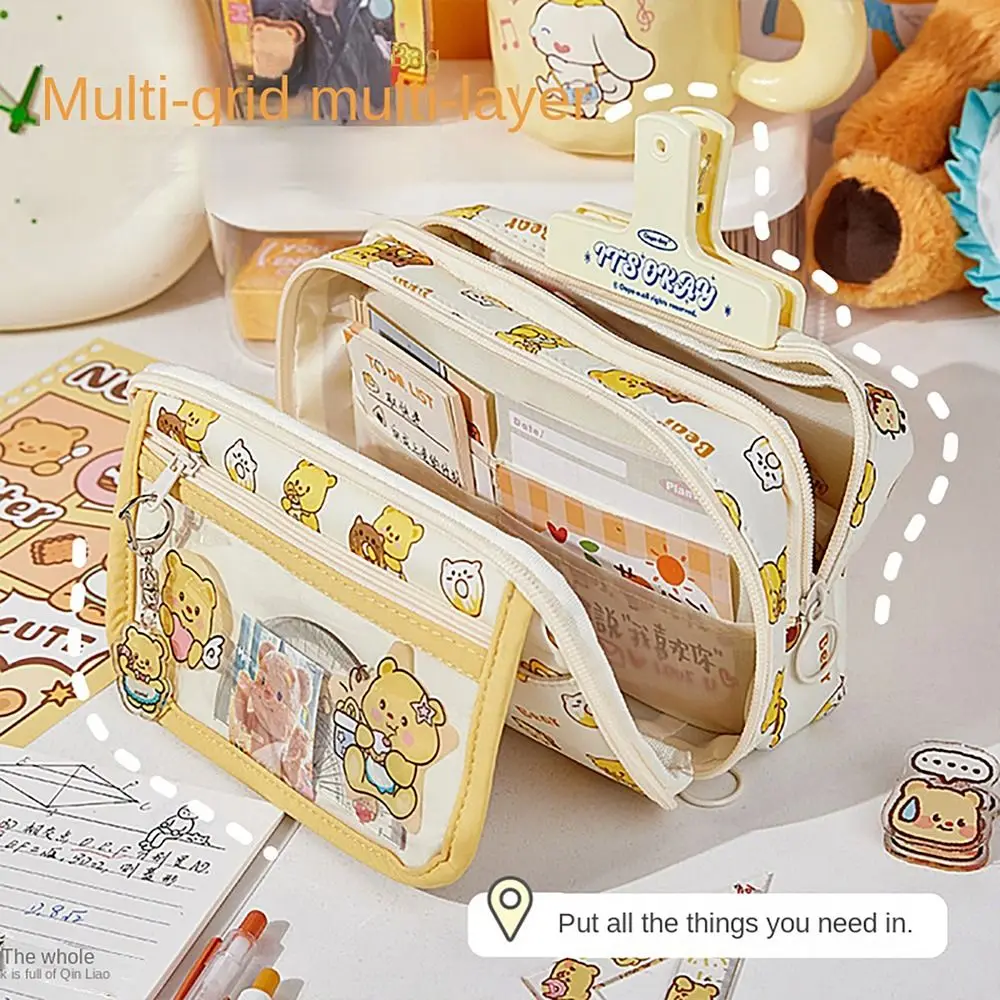 Portable Cheese Bear Pencil Case Multilayers Transparent Flip Cover Pen Bag Large Capacity Stationery Organizer for Student Gift