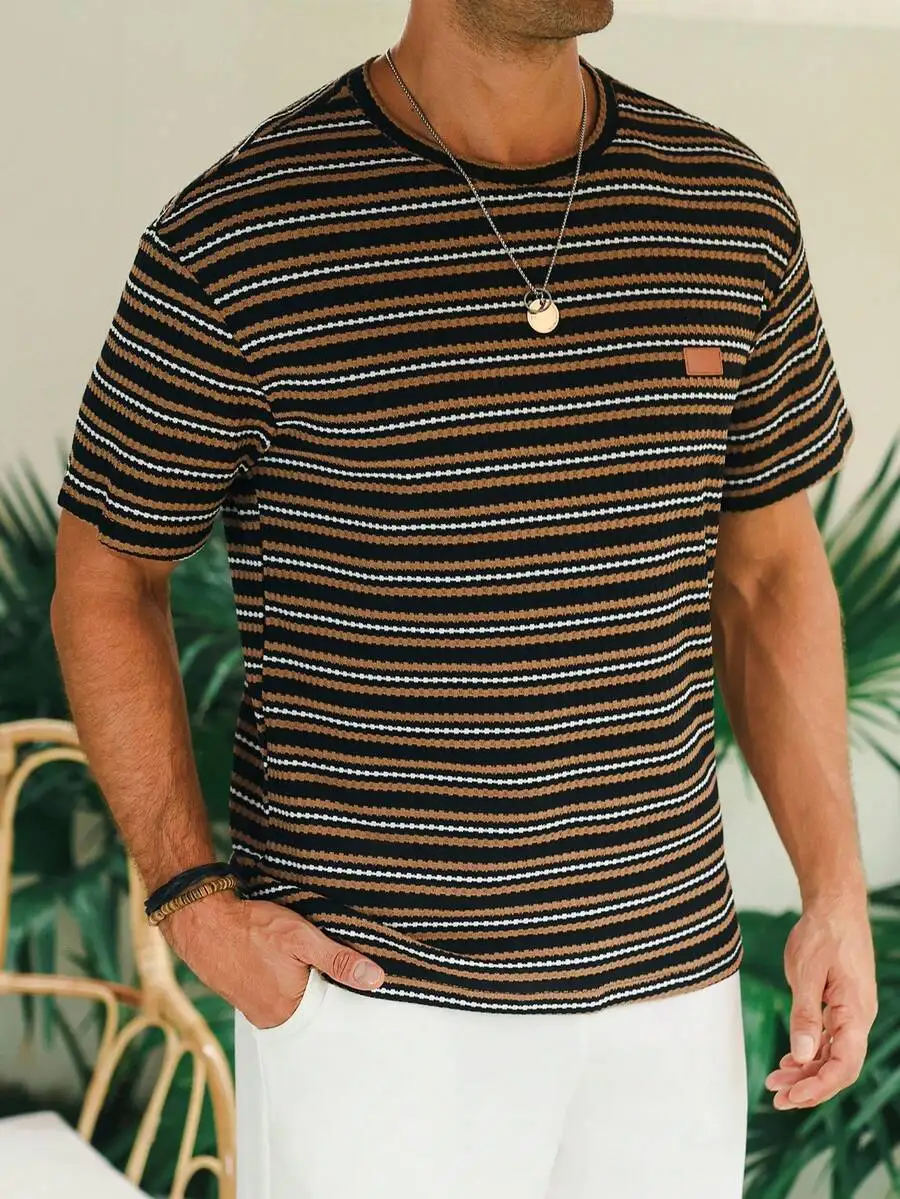 

Mens Casual Striped Knitted Short Sleeve T-Shirt With Waffle Texture And Patch Pocket