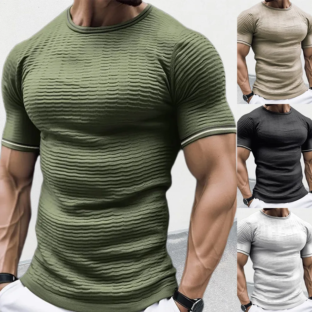 

Men's Knitted ort Sve round Ne Slim Fit T-irt Muscle Sle Casual Wear Comfortable Breathable Polyester Fabric