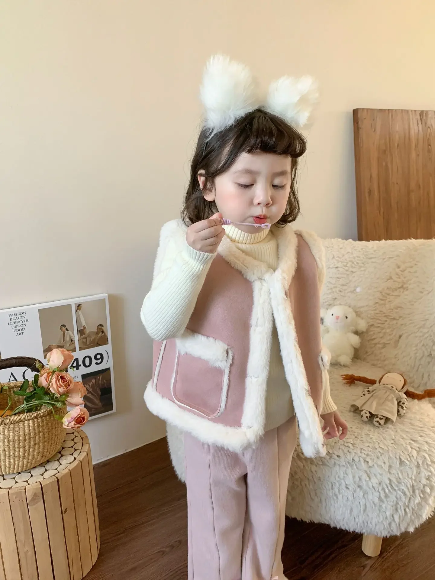 Girls Vest Fur One Waistcoat Autumn and Winter New Children Double-sided Vests Baby Girls Clothes Korean Simple Style Fashion