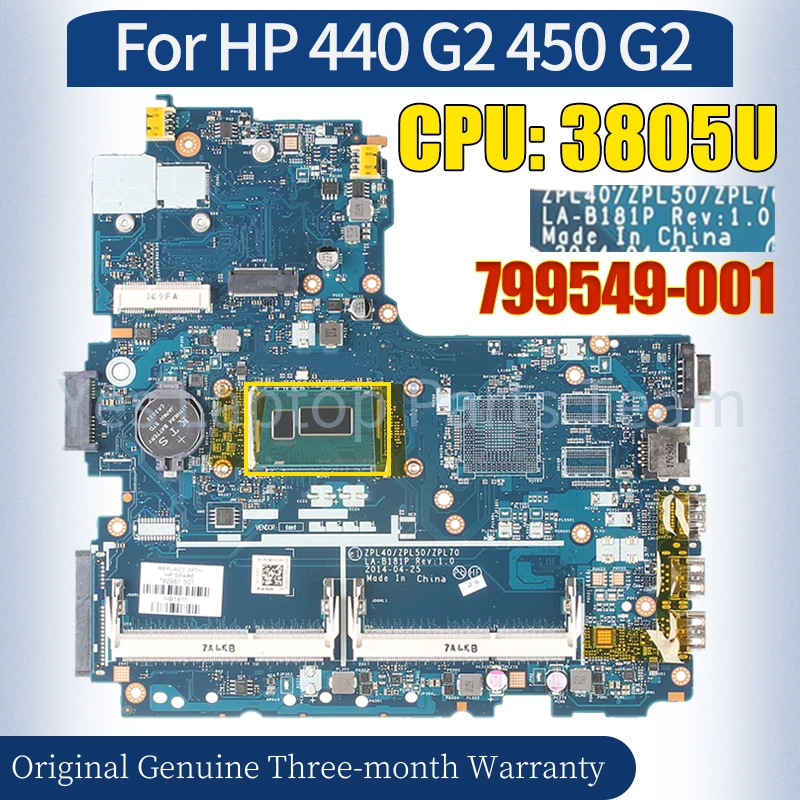 ZPL40 ZPL50 ZPL70 LA-B181P For HP 450 G2 Laptop Mainboard 799549-001 3805U Notebook Motherboard 100％ Tested