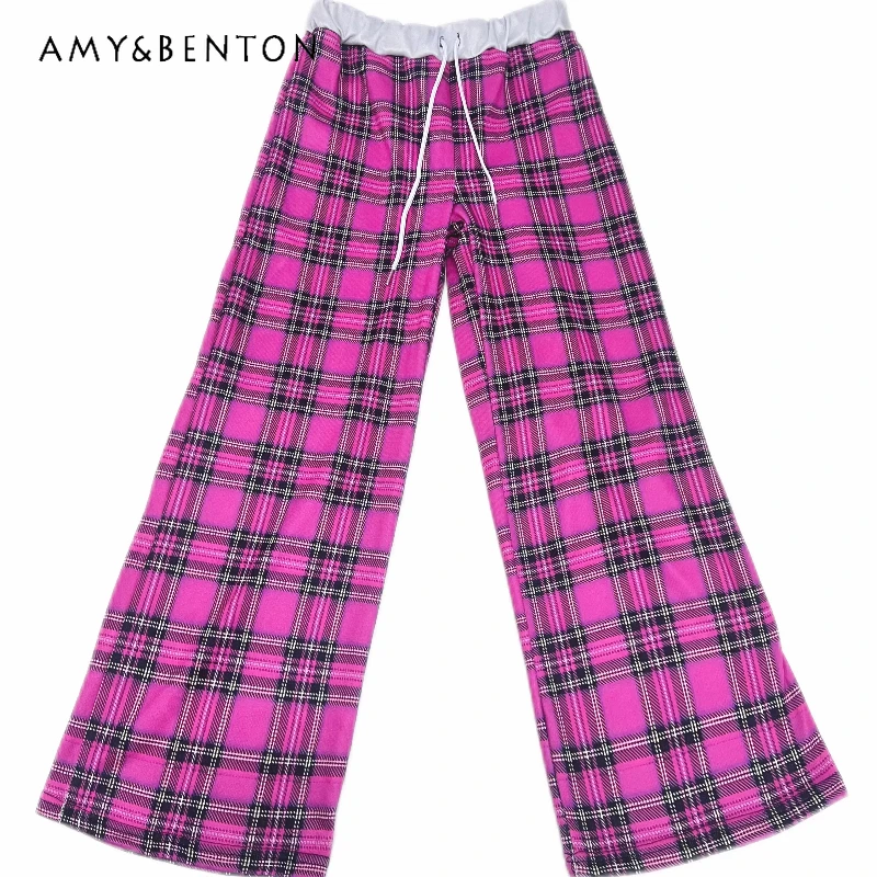 

American Retro Pink Plaid Women's Pants 2026 New High-waisted Loose Slimming Y2k Versatile Thin Velvet Straight Trousers Ladies