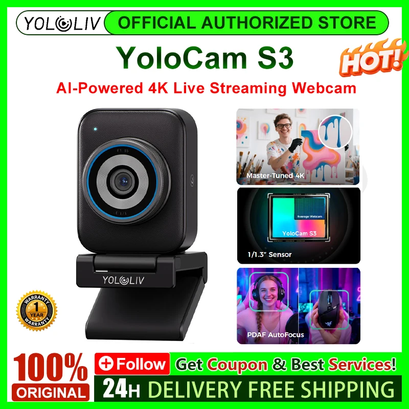 YOLOLIV YoloCam S3 Webcam de Streaming Ao Vivo 4K com IA, Sensor