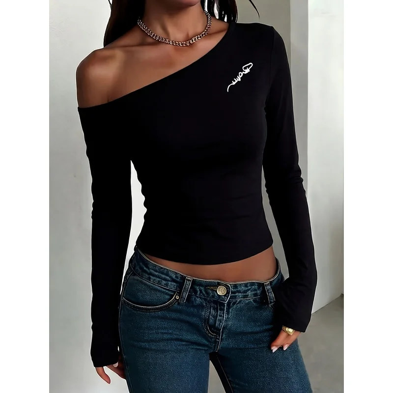 Solid Color Chic Off-Shoulder Long Sleeve T-Shirt for Women, Spring/Autumn Slim Fit Shoulder-Revealing Designer Base Layer Top