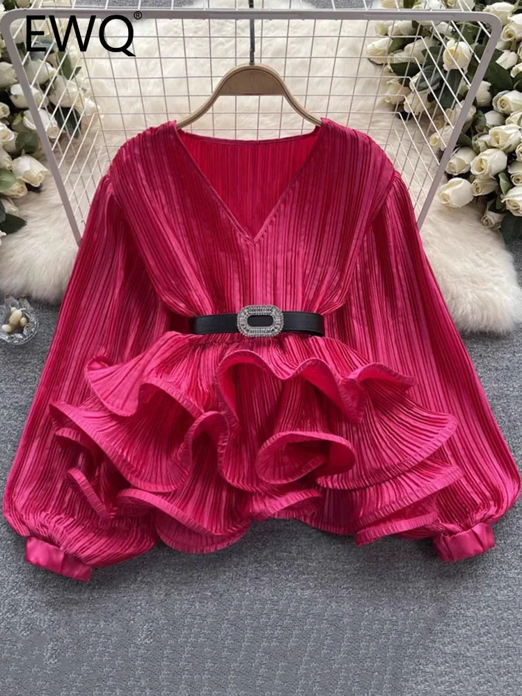 EWQ Ruffles Pleated Blouse For Women Fashion V Neck Belt Gathered Waist Lantern Sleeves Tops Fashion 2024 Summer New 27C111