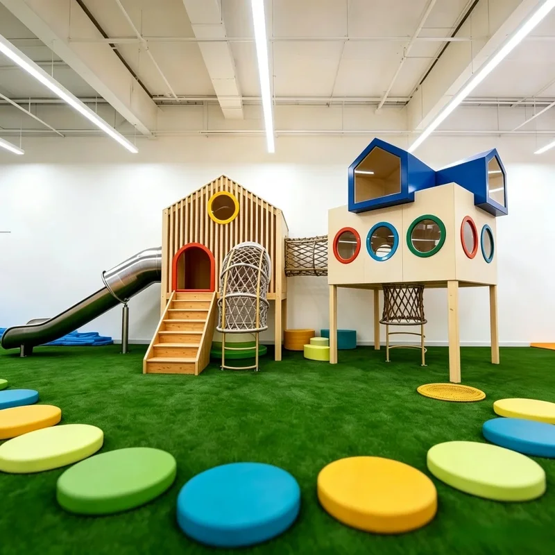 Scandinavian Wooden Kids Interactive Role Play Playhouse Slide Climbing Net Indoor Playground for Play Mall School Event Hire