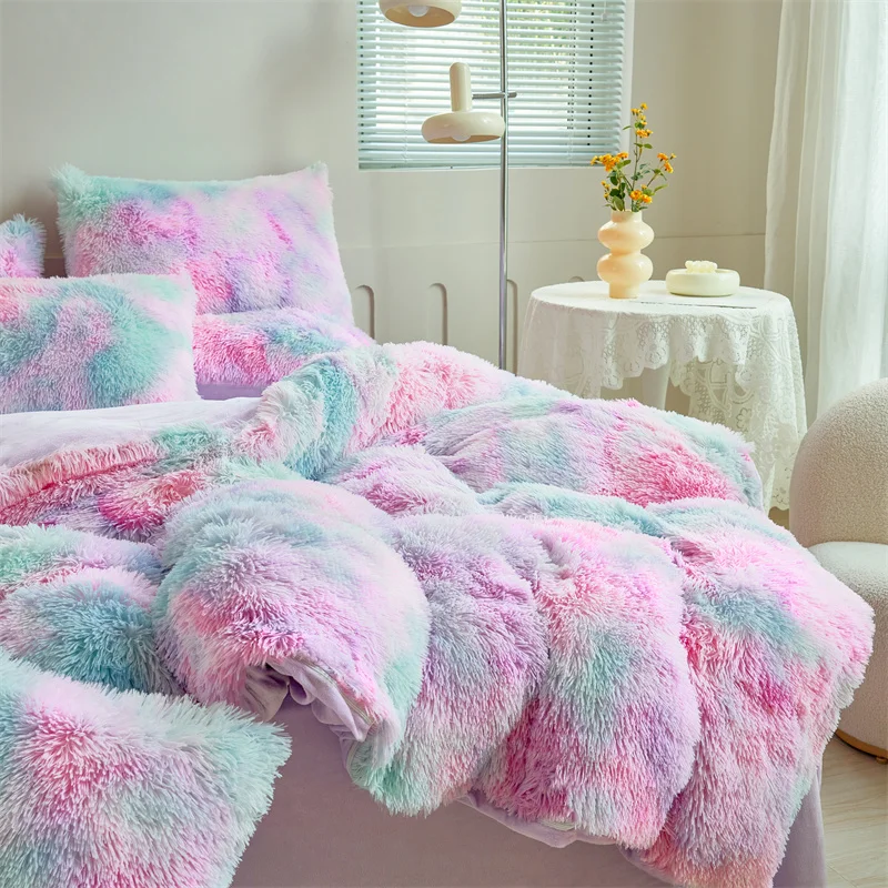 Shaggy Coral Fleece Bedding Set, Cozy Princess Bedding Set, Mink Velvet, Gradient, Duvet Cover, Bed Comforter Cover, Blanket