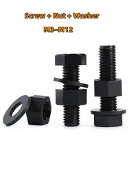 10Pcs PA66 Black  Nylon Hexagonal Screw Nut Washer  Metric Threaded Hex Head Bolt Plastic Insulated Bolts M3 M4 M5 M6 M8 M10 M12