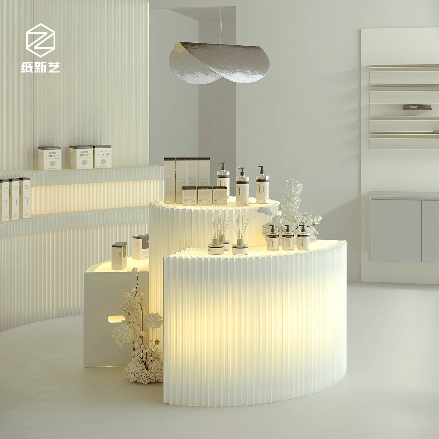 LH white display cabinet, cosmetic sample display, Nakajima display stand