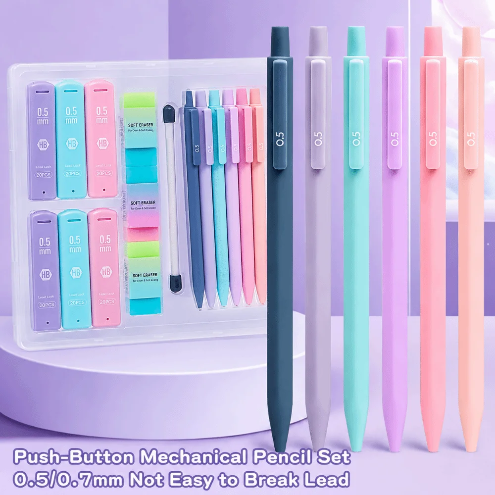 16pcs Durable Morandi Mechanical Pencil Set HB with Refills/Erasers Automatic Pencils 0.5/0.7mm Drafting Pencils Kit Students