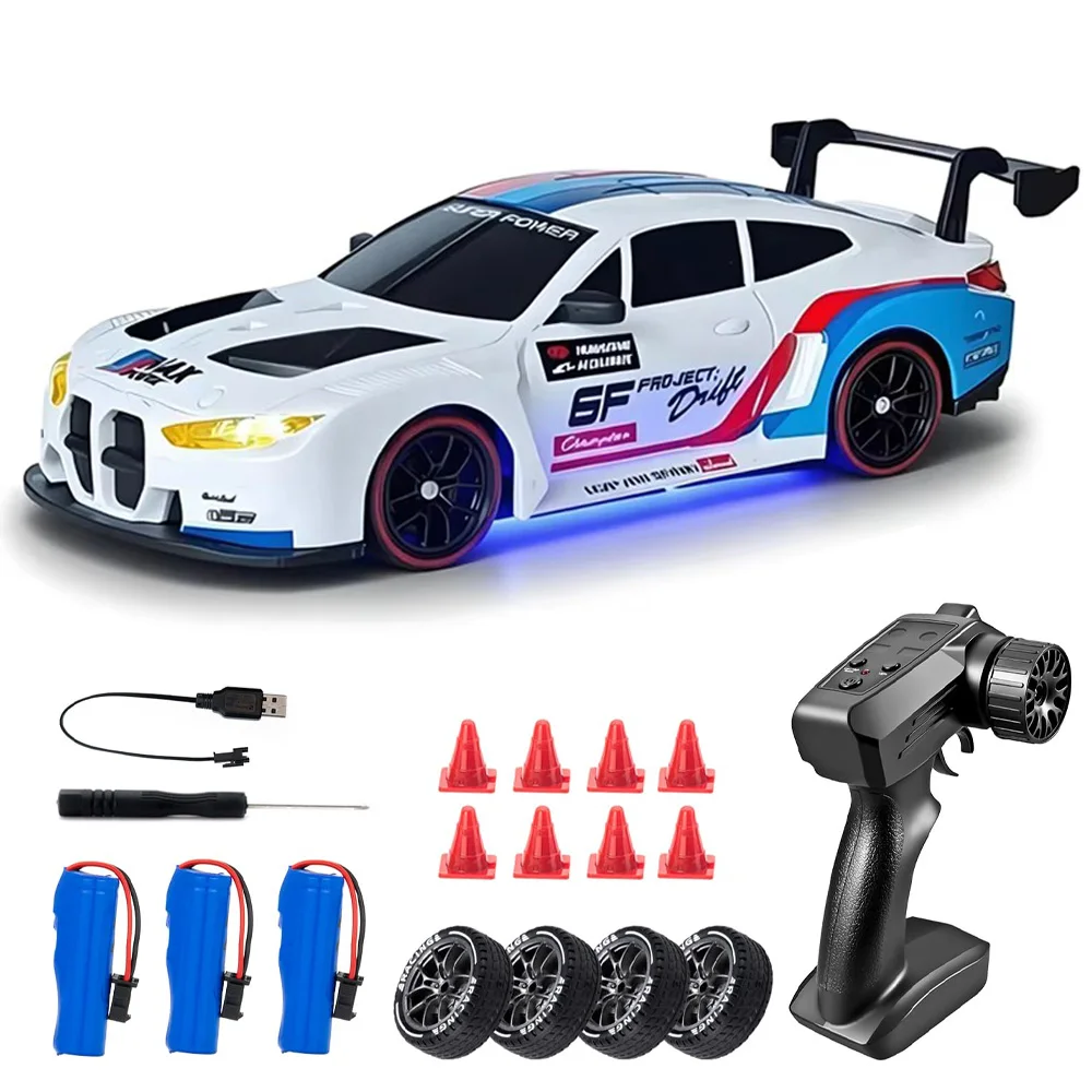 Kids Toy Drifting Remote Control Racing Car 1:24 Mini High Speed Sport RC TOYS with LED Lights 2.4GHz 3 Battery Gift for Boys