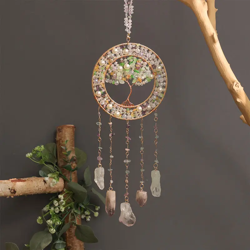 

Crystal Fluorite Tree of Life Suncatcher Wall Hanging Decor Natural Stones Sun Dream Catcher Wind Chime Reiki Healing Ornament