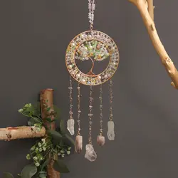 Crystal Fluorite Tree of Life Suncatcher Wall Hanging Decor Natural Stones Sun Dream Catcher Wind Chime Reiki Healing Ornament