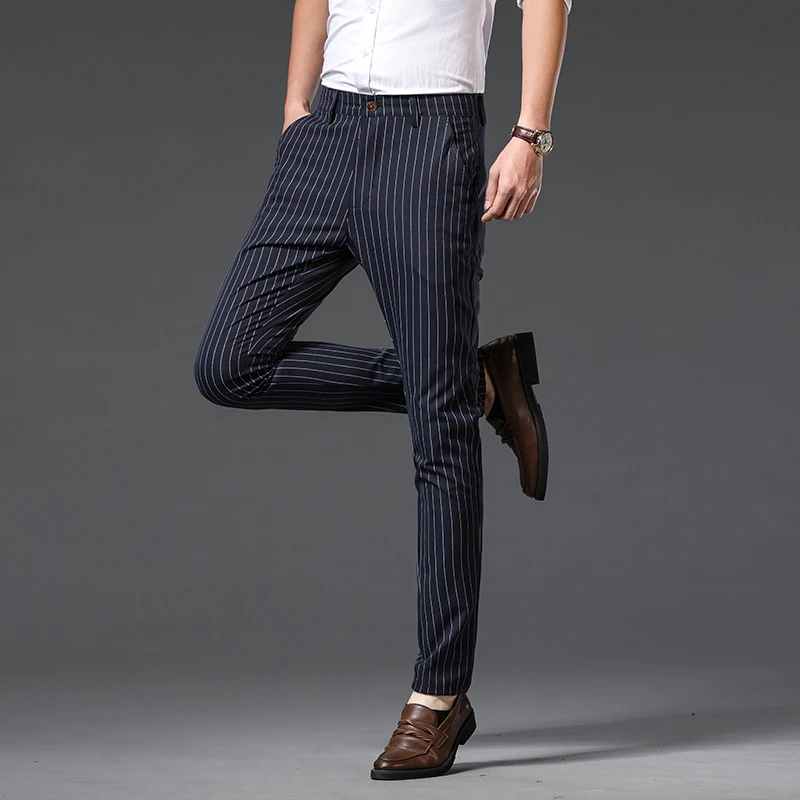 2024 New Business Striped Long Pants Men's Slim Fit Versatile High-End Quality Fashionable Stretch Casual Suit Pants