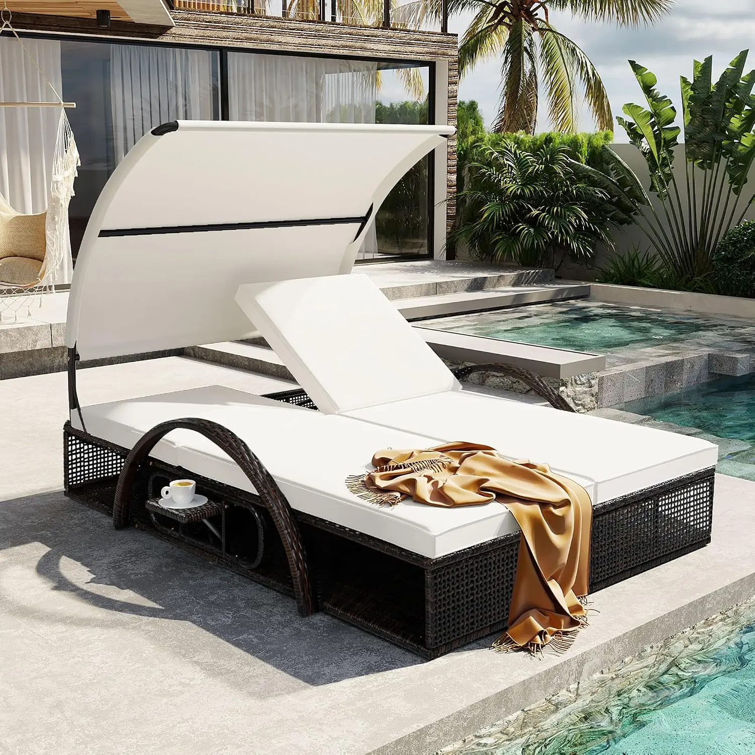 2-Person Outdoor Daybed with Canopy, Steel Frame Lounge with Adjustable Backrest, Hidden Table & Arched Armrests  Customized