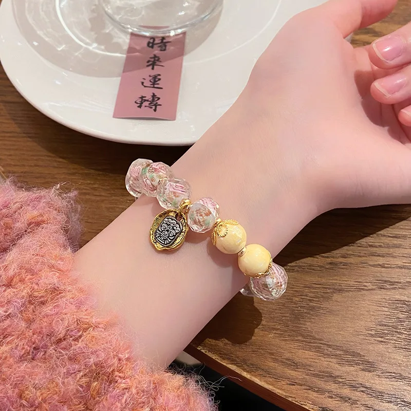 Spring Warm Flowers Bloom Super Fairy Sweet Fresh Princess Style Glaze Rose Swallowing Gold Beast Bracelet Girl Heart B