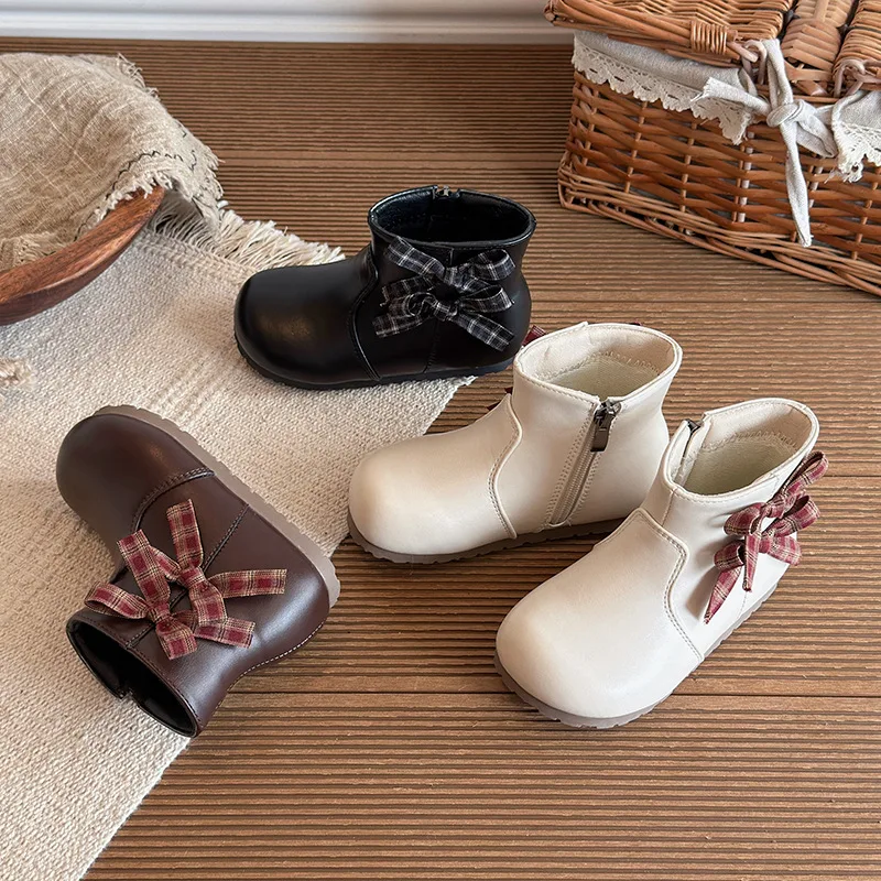 Girls Leather Boots Sweet Side Bows Kids Short Boots Round Toes Non-slip 2026 Autumn New Children Princess Boots Versatile