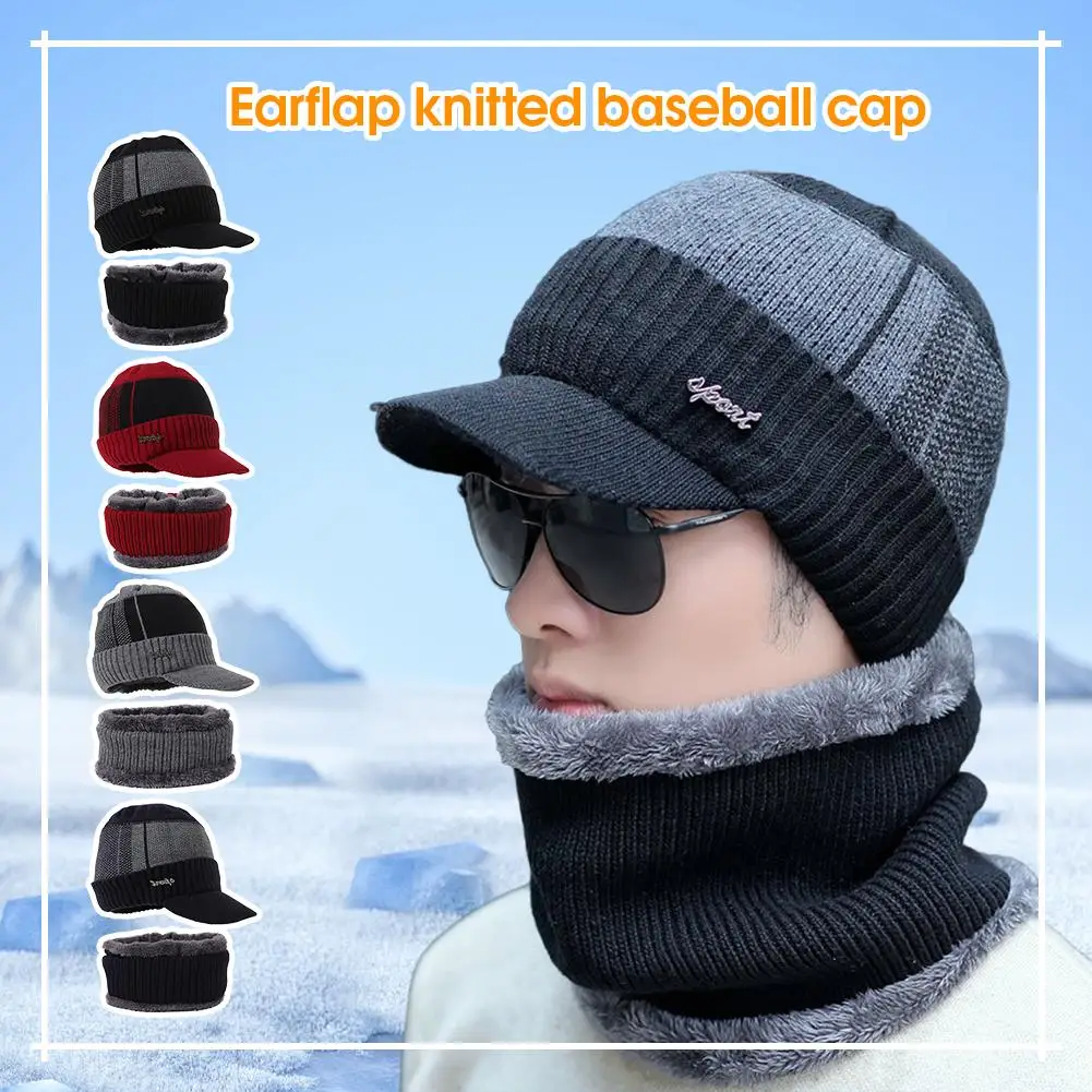 Earflap Knitted Bbaseball Cap Men's Knitted Hat Scarf Set for Autumn Winter Velvet Hat with Warm Wool Scarf Cold Accessories