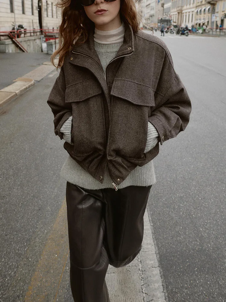 

Ele Winter New Arrival Women's Faionable All-Match Stand Collar Gingham Puffy Jaet Outerwear ort Zipper Sve