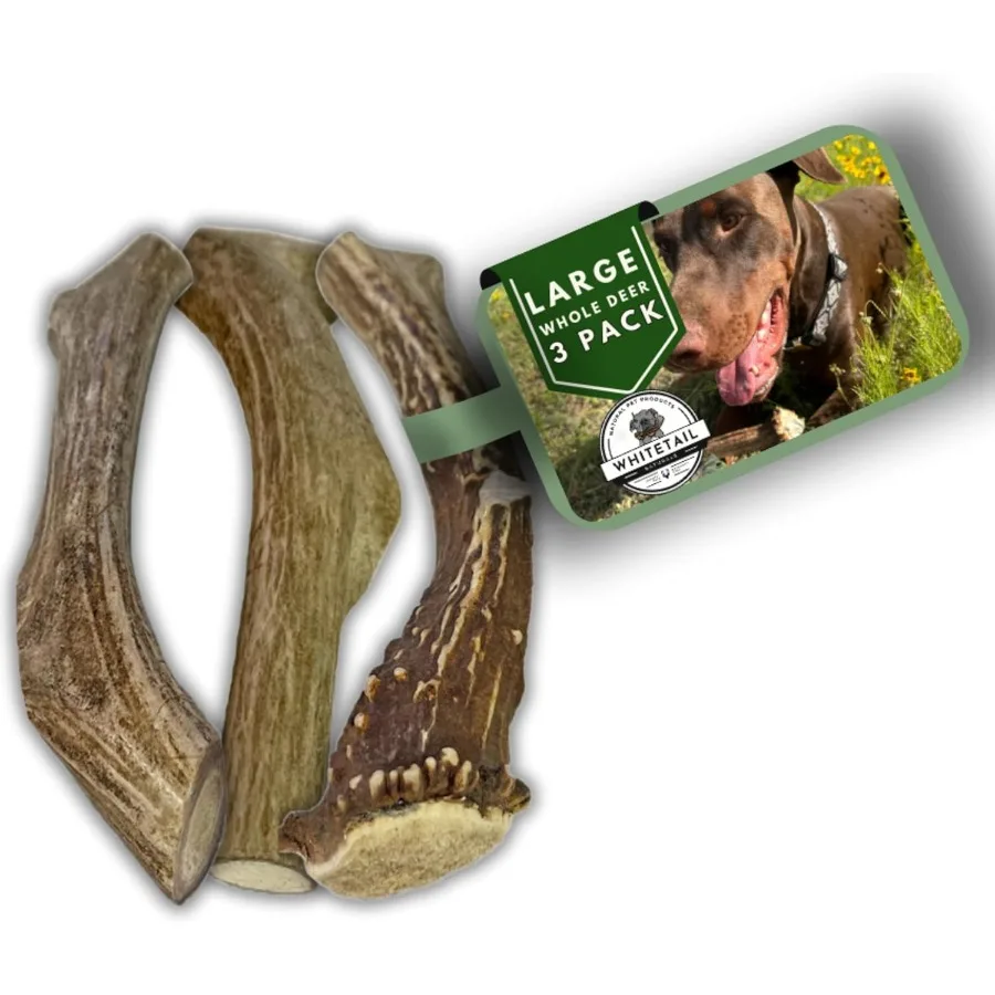 

3 упаковки оленьих рогов для больших собак, жевательные рога для собак, изготовленные в США, долговечные кости для агрессивных жевательных рогов для собак