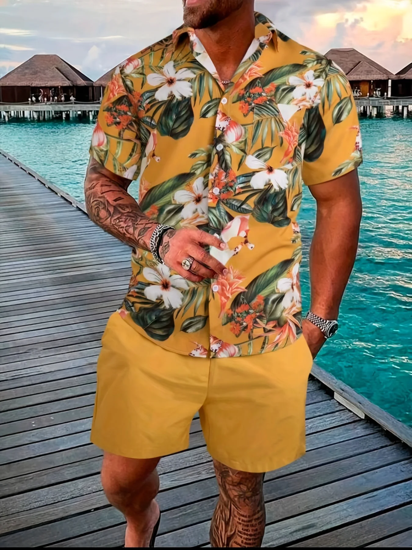 Costume d'été pour hommes, chemise à revers à imprimé Floral coloré, manches courtes, fêtes sur la plage et vêtements de rue en plein air, best-seller, 2024