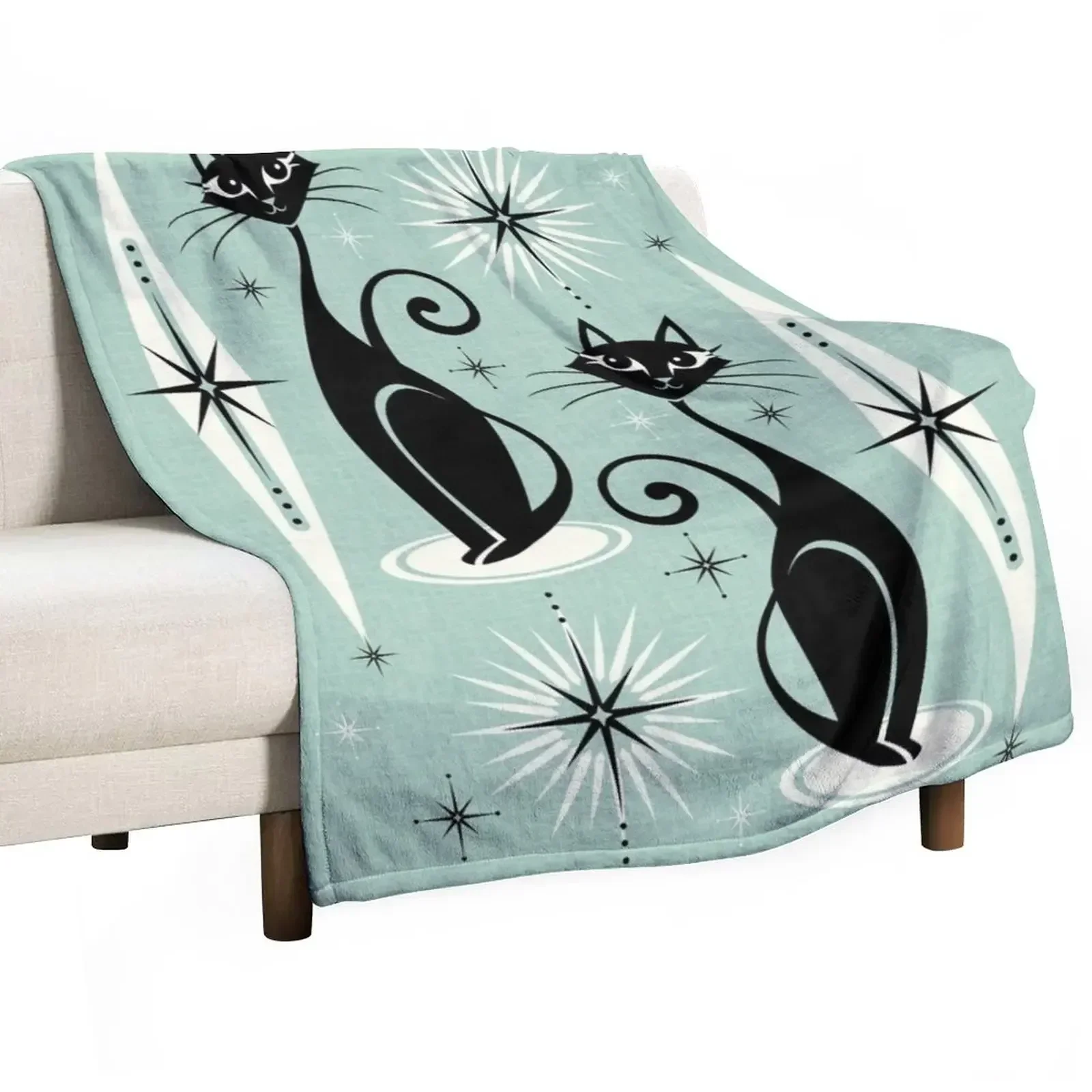 

Mid Century Meow Retro Atomic Cats on Vintage Mint studioxtine Throw Blanket Single Winter beds Flannel Comforter Blankets