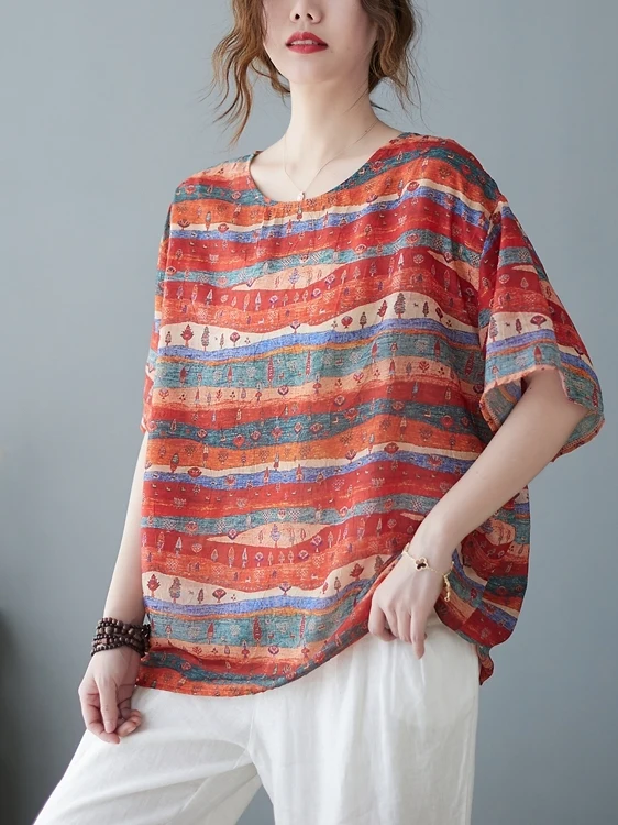 Slimming Large Size Loose Fit Cotton Linen Print round Neck Pullover Top Women's Daily Wear Ultra Thin Short Sleeve T-shirt