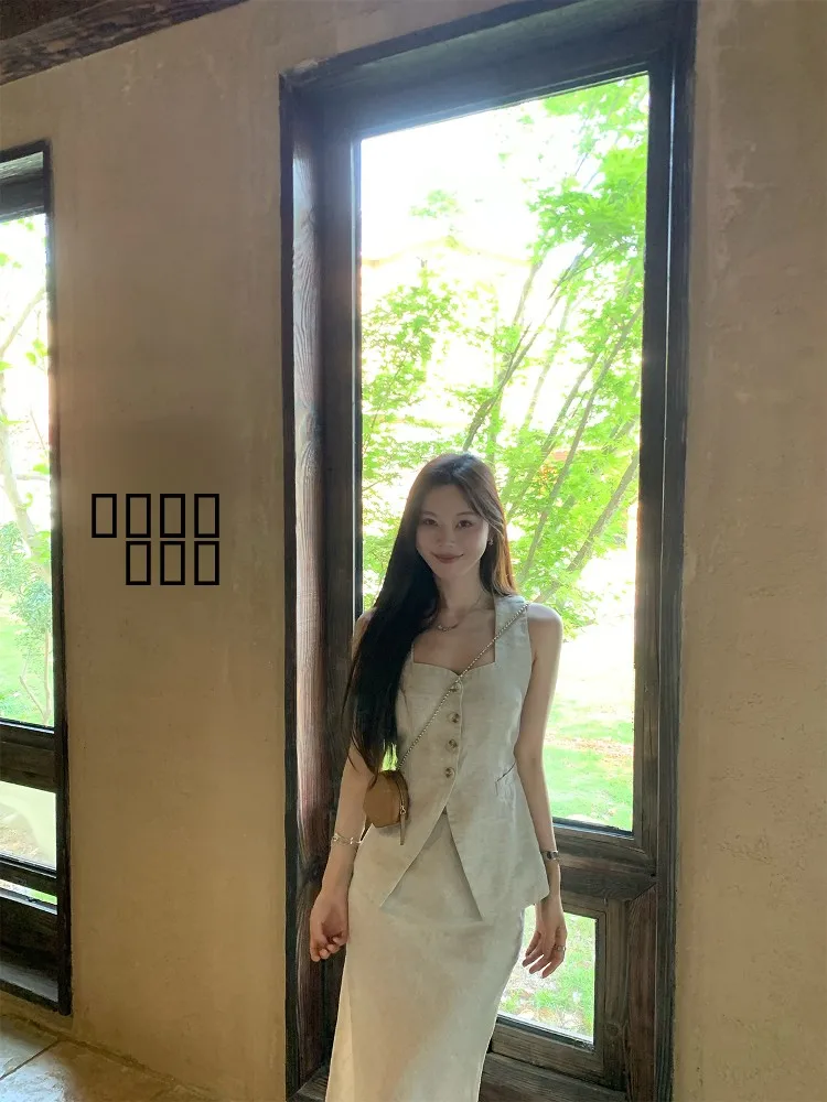 

Льняной жилет Seeyouicelan с квадратным воротником и разрезом сзади, универсальный, стандартного кроя, на одной пуговице, однотонный