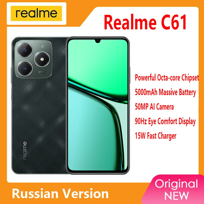 Russian Version realme C61 Smartphone 5000mAh Battery 15W SUPERVOOC Charge 50MP AI Camera 90Hz Display NFC