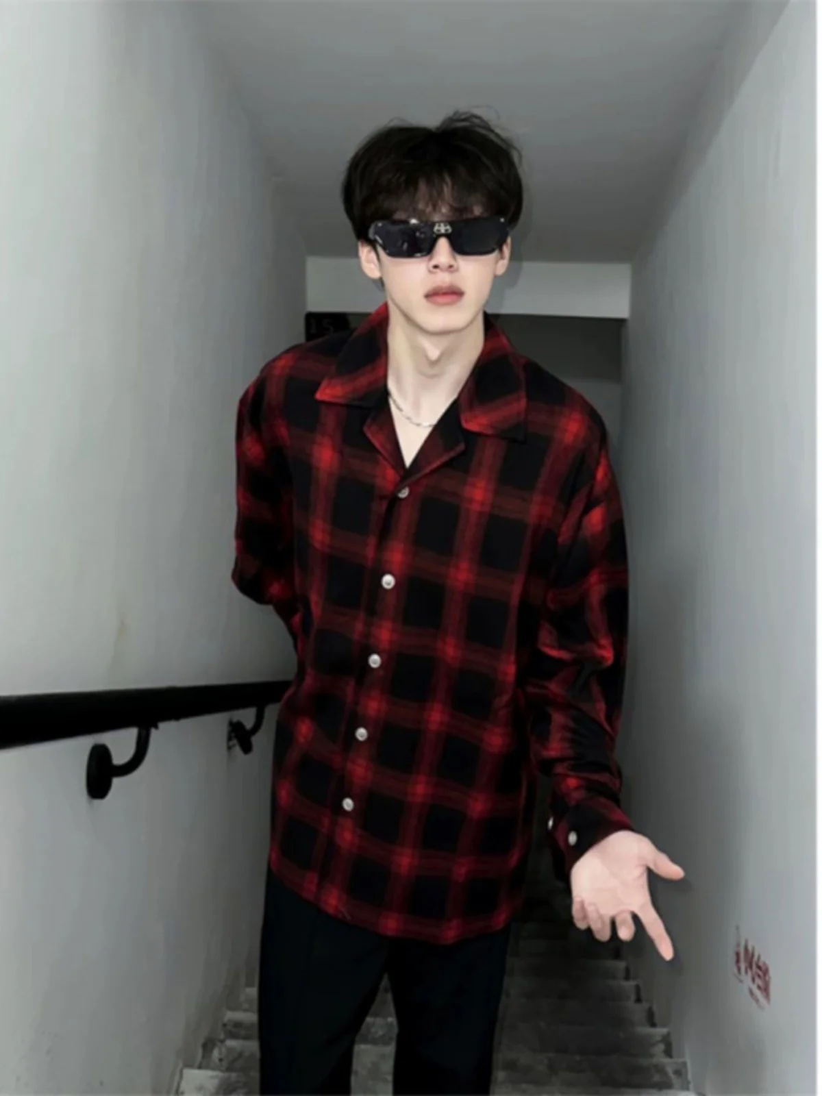 Retro American Plaid Long Sleeve Shirt Men's Trendy Brand High-End Feeling Cool Red Plaid Jacket Loose Fit Youthful Style