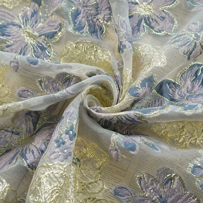 

Flower Slightly Transparent Gold Silk Yarn Dyed Jacquard Fabric Spring Summer Elegant Flower Dress Sewing Fabric