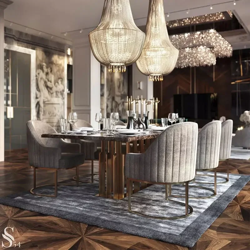 เก้าอี้ทานอาหารสไตล์อิตาลีเรียบง่าย เก้าอี้อ่านหนังสือสแตนเลสทันสมัยสำหรับพักผ่อน เก้าอี้ผ้าสำหรับโรงแรม