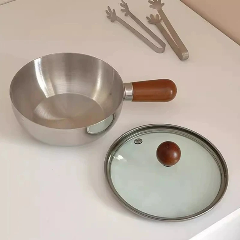 And Heating Milk. Made Of Stainless S Stainless Steel Milk PotWith Wooden Handle, Compact Cooking Pot, Suitable For Frying Eggs