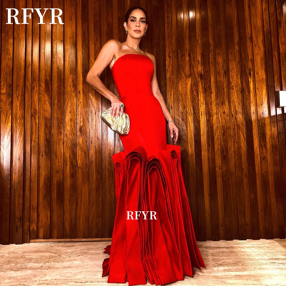 

RFYR Mermaid Prom Dress with Pleats Layers Evening Dress Satin Red Party Princess Dress for Arabic Women Customized