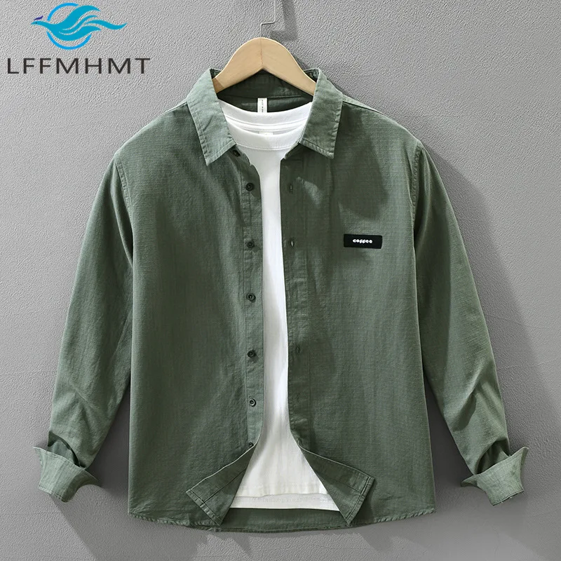 Japanese Style Solid Color Long Sleeve Men's Shirt 100% Cotton Good Quality Solid Color Simple Versatile Loose Fit Casual Tops