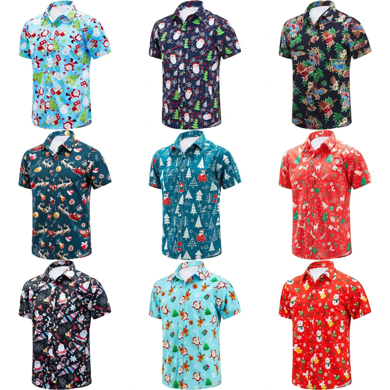 

Christmas T-shirt For Men Hawaii High-quality Men's Beach Trend Cool Short-sleeved Oversized Shirt Funny Santa Xmas Party Supply