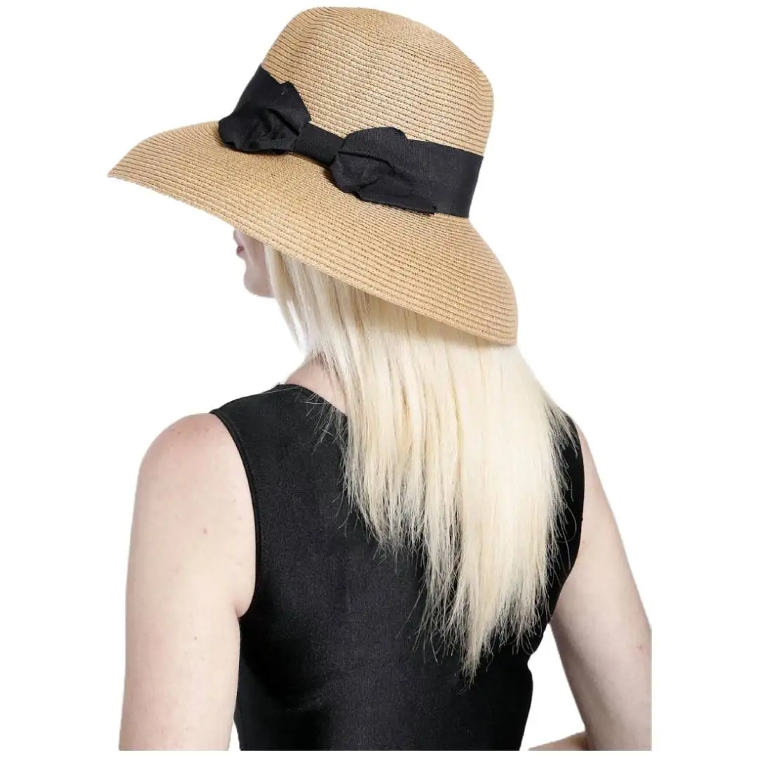 Kebedo Moda Sombrero de Paja Plegable Grande para Mujer, Sombrero Verano Marrón Transpirable con cinta Negra decorativa, Protección UV, Pamela de ala ancha Marrón para Sol, Playa, Viaje y Vacaciones,