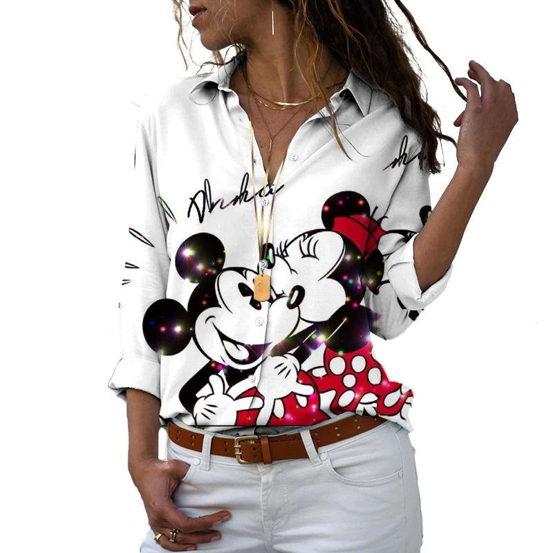 2022 Disney markalı Slim Fit 3D baskılı kadın düğme uzun kollu yaka Mickey Minnie rahat Harajuku sevimli gömlek y2k