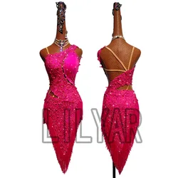 Latin Dance Dress Latin Skirt Competition Dress Costumes Performing Practice Skirt Customize Adult Kids Lady Rose-red Fringes