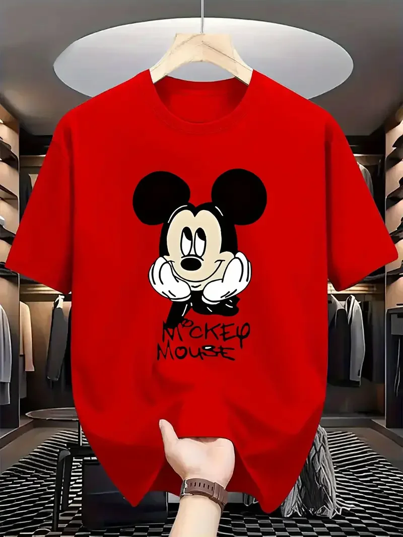

Новая модная красная футболка Disney 2026 из серии Disney Mickey Mouse, мужская хлопковая футболка оверсайз, женская футболка для пар, дышащая футболка унисекс для отдыха