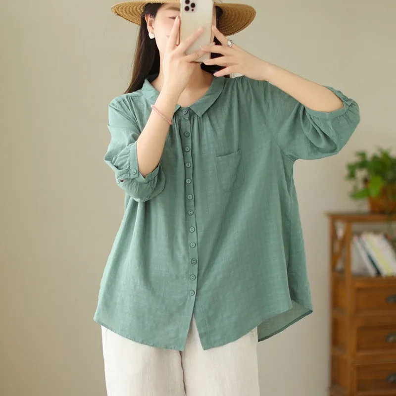 Women Casual Cotton Shirt New Arrival 2024 Summer Simple Style Solid Color Basics Loose Female Half Sleeve Tops Shirts B3818