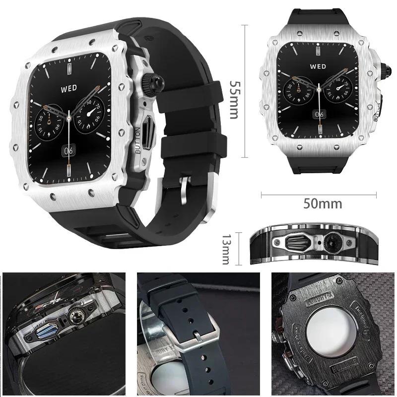 Modification Kit for Apple Watch 10 46mm Silicone Sport Strap Stainless Steel Case Watch for IWatch Series 9 8 7 6 5 44mm 45mm