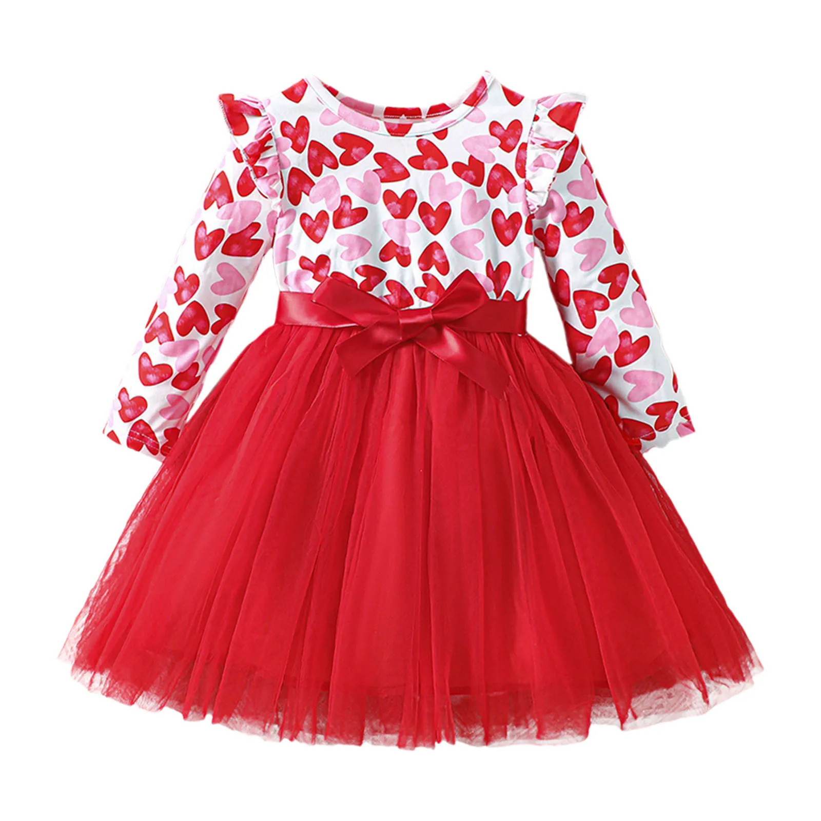 Kids Party Dresses For Girls Long Sleeve Red Patchwork Heart Princess Dress Children's Clothing Girls Valentine's Day Costume