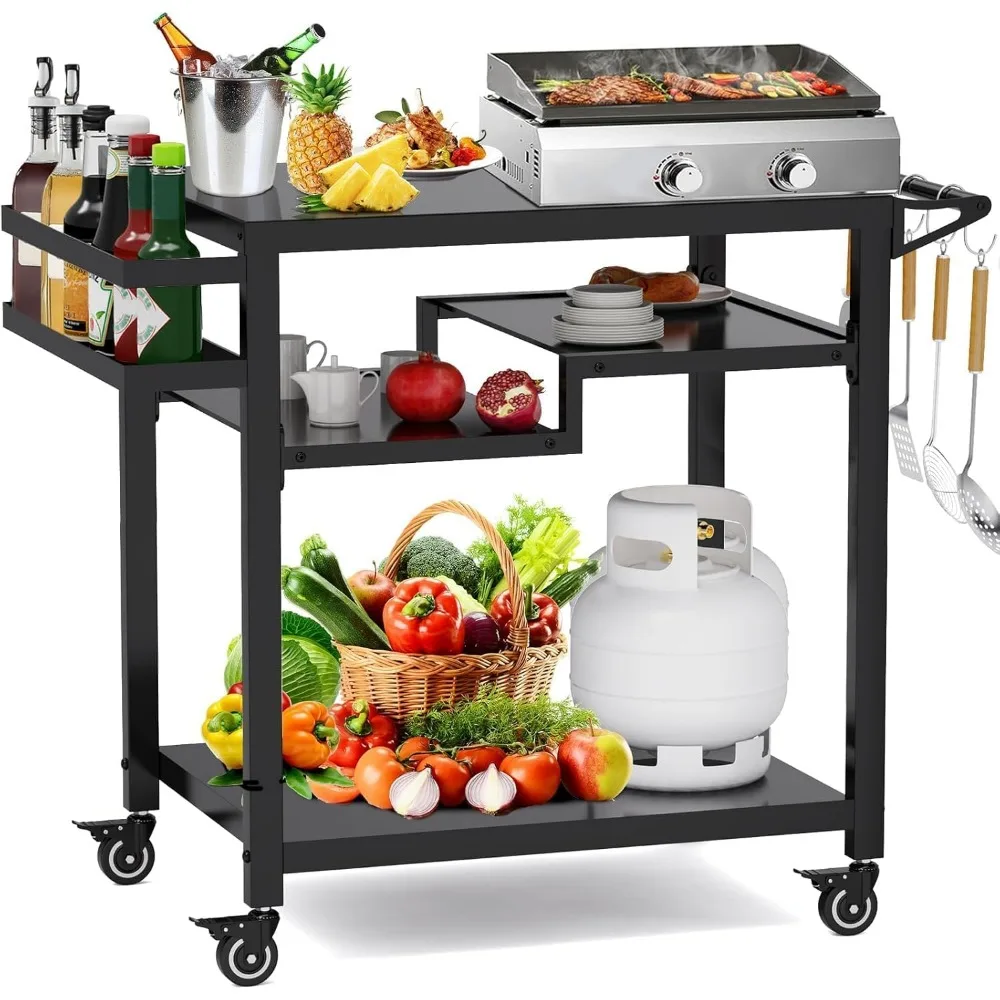 

Outdoor Grill Table, Multi-Function Pizza Oven Stand, Three-Shelf Food Prep and Work Cart Table, Heavy Duty Grill Cart for Party
