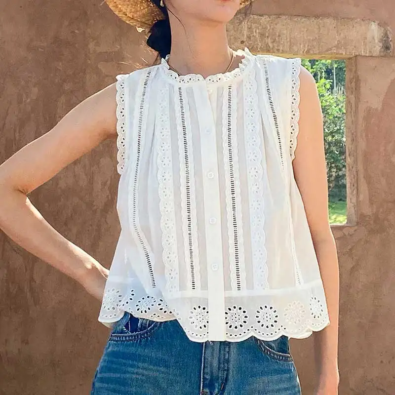 Blusa elegante de verano para mujer, blusa blanca de algodón ahuecada sin mangas, tops elegantes para mujer, blusa streetwear para mujer