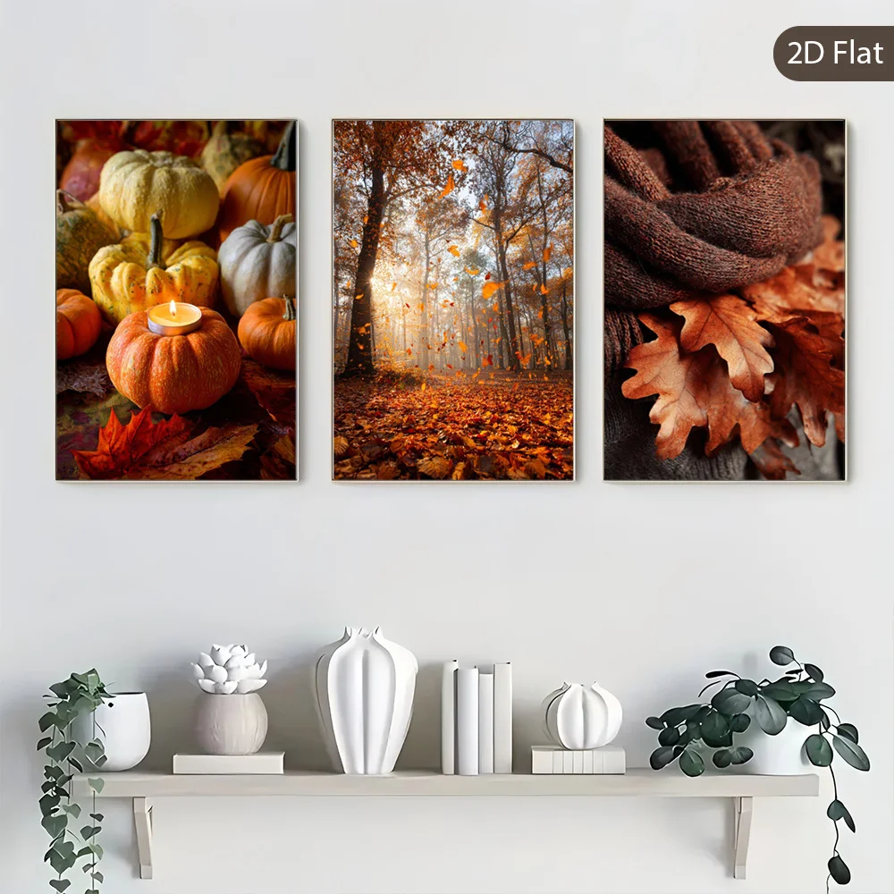 （Noframe 3PCS）-Set of 3 Unframed Prints Featuring Autumn Harvest Themes, Including Golden Leaf Canvas Art, Cozy Scarf Wall De